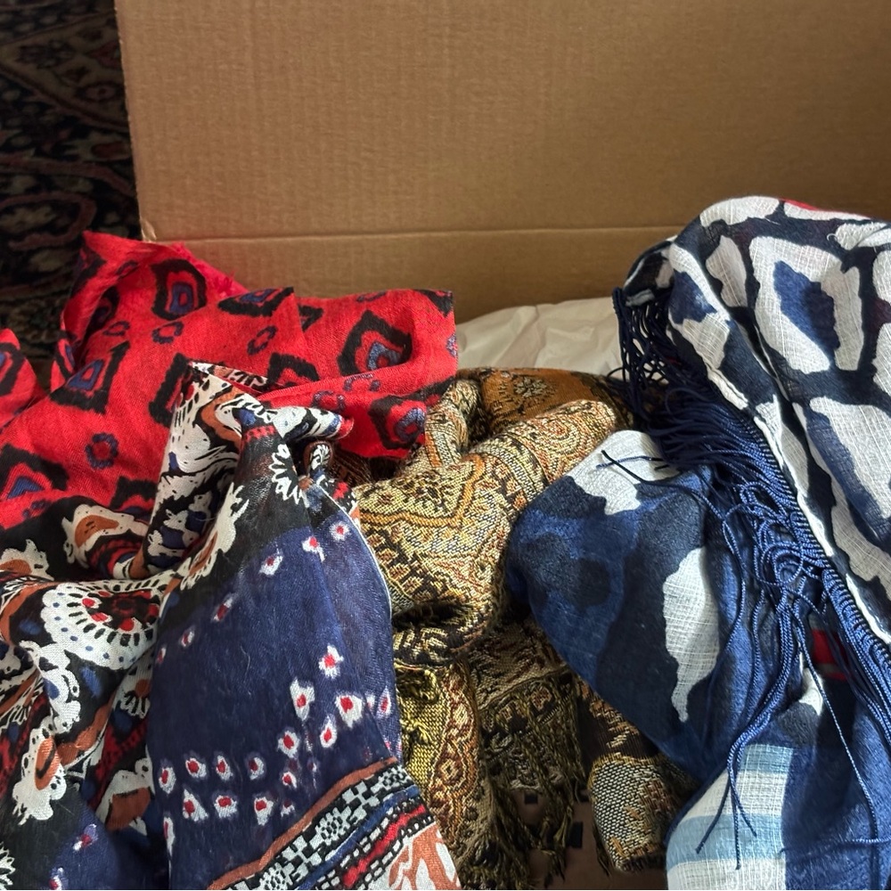 Assorted Women's Patterned Scarves & Wraps - Red, Navy, Gold, Black